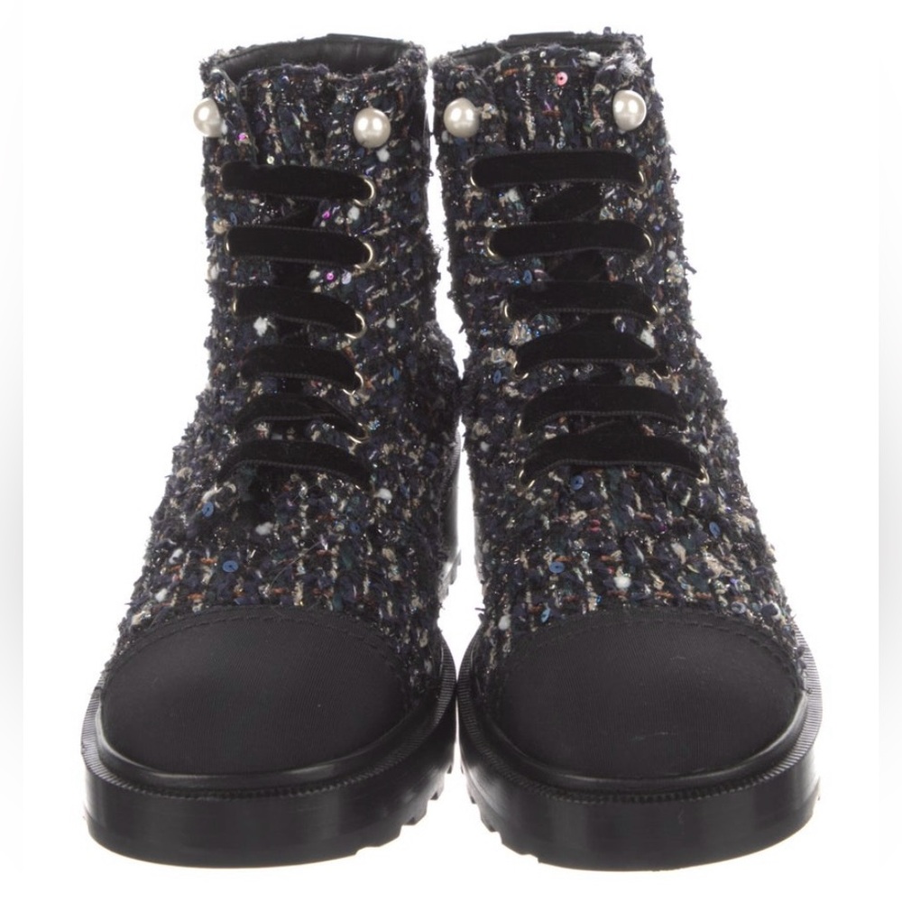 Chanel Fantasy Tweed Metallic Accents with Pearl Button Boots